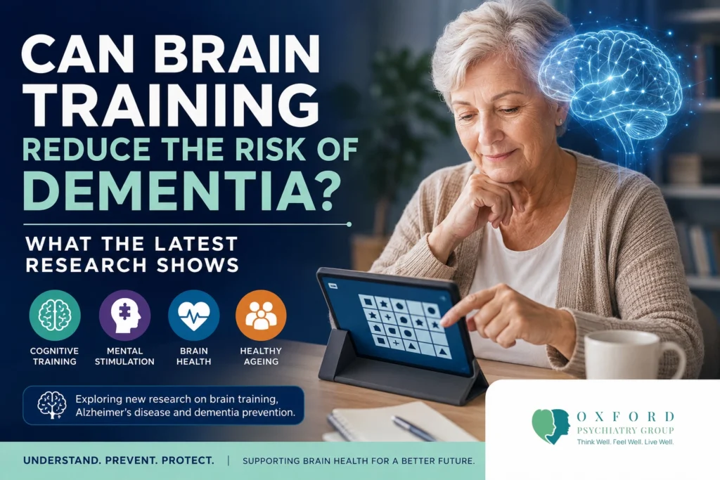 Older adult completing a brain training exercise on a tablet with a digital brain illustration, representing cognitive training, dementia prevention and Alzheimer's disease research.