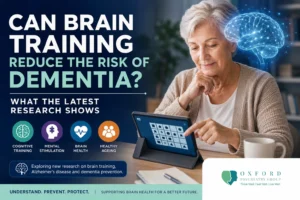 Older adult completing a brain training exercise on a tablet with a digital brain illustration, representing cognitive training, dementia prevention and Alzheimer's disease research.