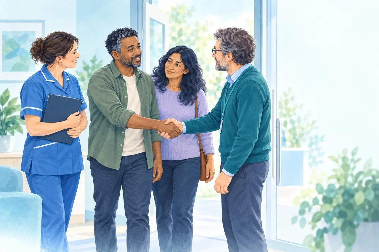 Healthcare professionals welcoming adults in a bright clinical setting
